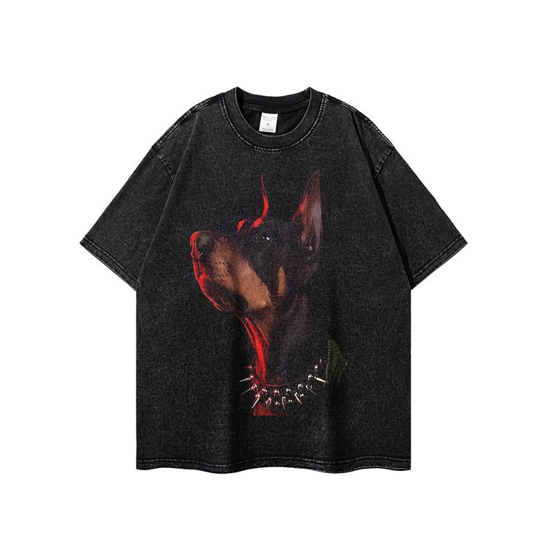 American Oversize Doberman Print Washed Vintage Short T-Shirt Unisex Hip Hop Trendy Brand Half Sleeve Tee_viptrois.com