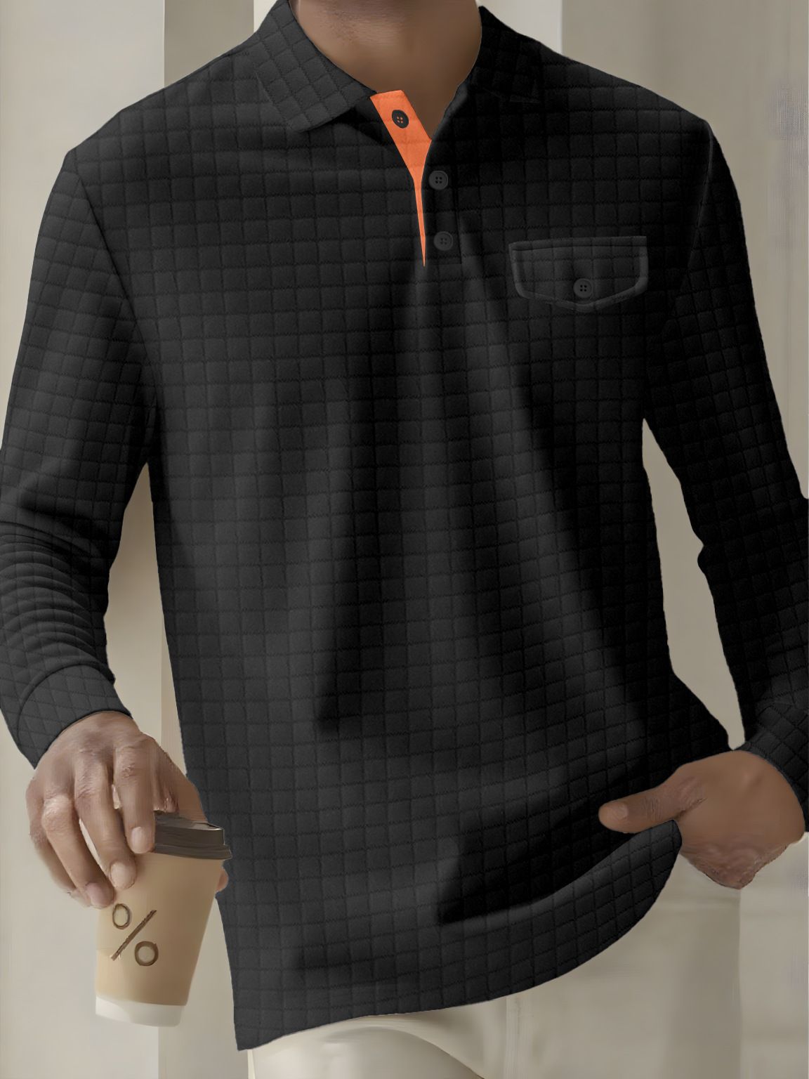 "Men's Checkered Long Sleeve Polo Shirt - Breathable Button-Down Pocket Design For Casual & Business Casual Wear - White/Black/Gray/Navy/Orange"_viptrois.com