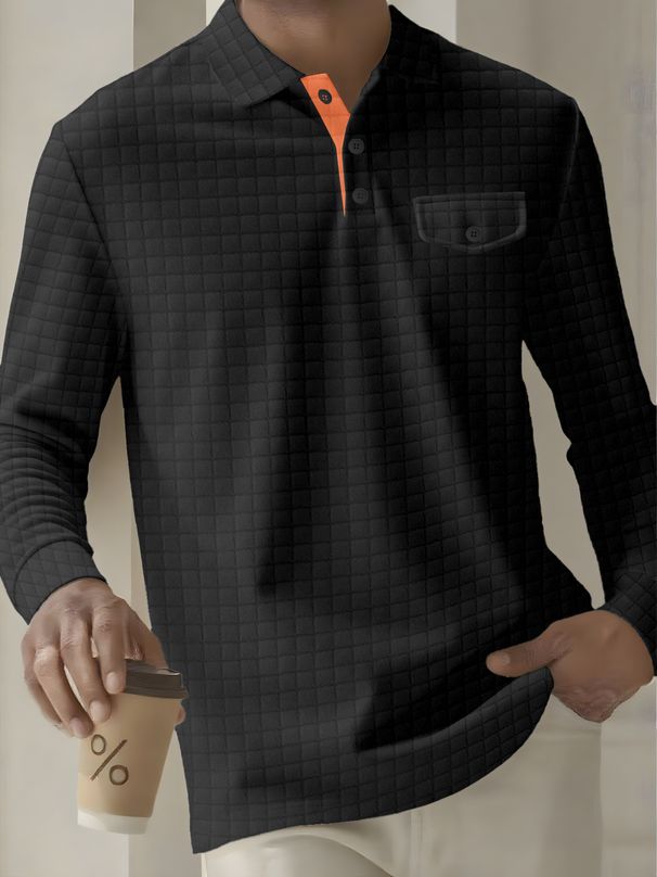 "Men's Checkered Long Sleeve Polo Shirt - Breathable Button-Down Pocket Design For Casual & Business Casual Wear - White/Black/Gray/Navy/Orange"_viptrois.com