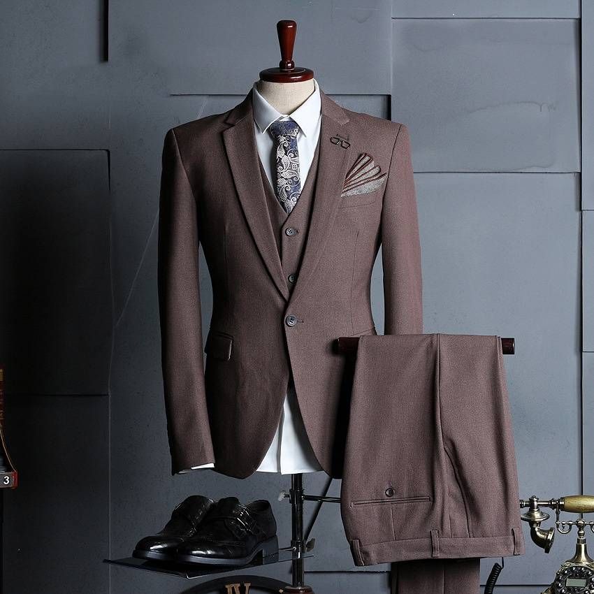Men's Wedding & Formal Suit Set – Slim Fit Tuxedo Blazer With Vest & Dress Pants, Photoshoot-Ready Business Suit (Black/Grey/Brown)_viptrois.com