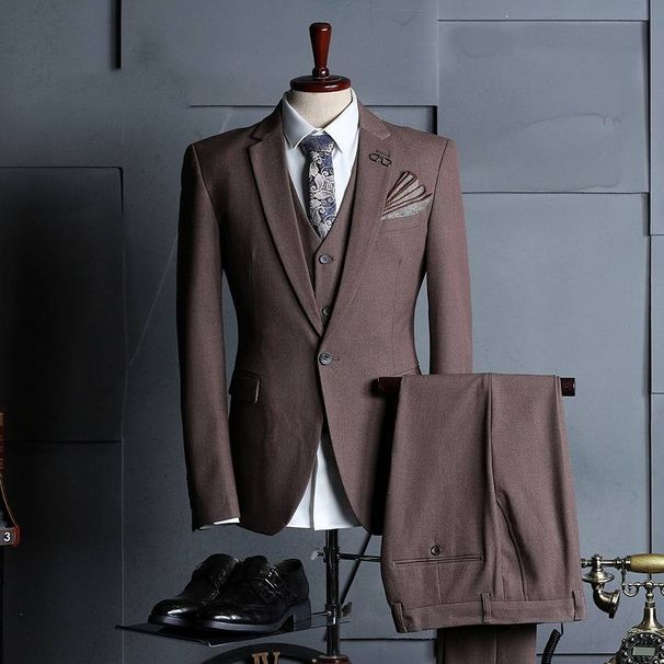 Men's Wedding & Formal Suit Set – Slim Fit Tuxedo Blazer With Vest & Dress Pants, Photoshoot-Ready Business Suit (Black/Grey/Brown)_viptrois.com