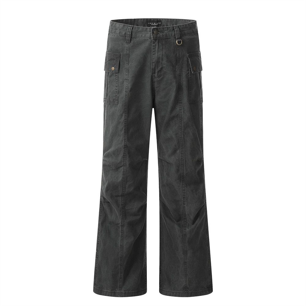 Men's Clothing High street washed distressed workwear jeans men's trendy brand design pleated split stitching wide leg straight trousers_viptrois.com