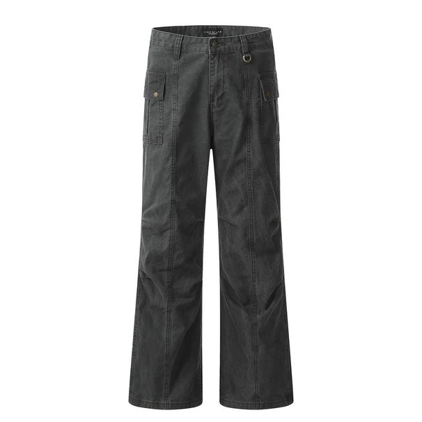 Men's Clothing High street washed distressed workwear jeans men's trendy brand design pleated split stitching wide leg straight trousers_viptrois.com