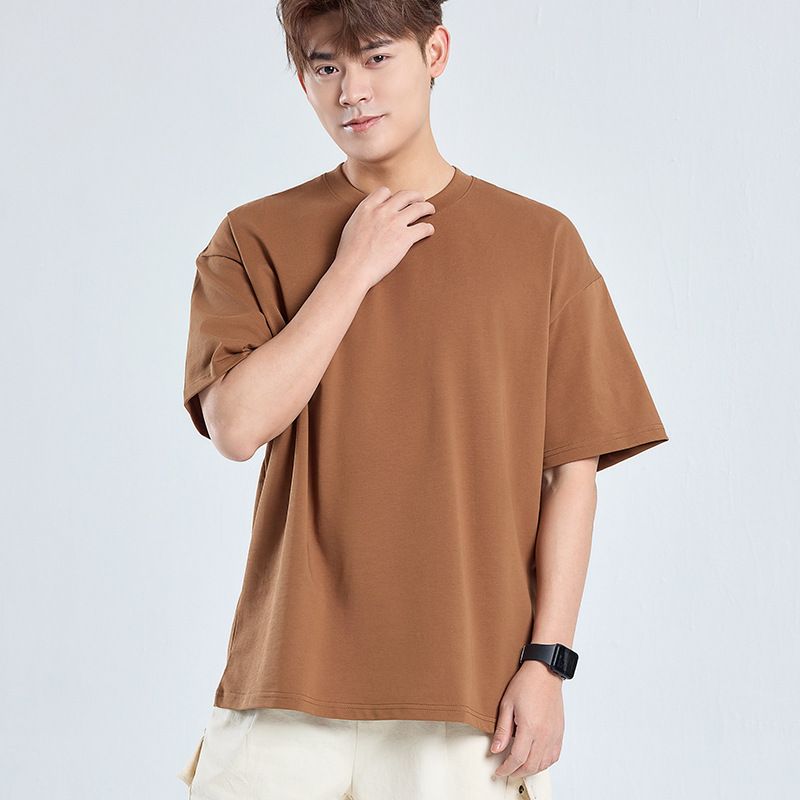 Men's Clothing Pure Cotton 280g Double Yarn Heavy Drop Shoulder Loose Version Trendy Brand Bottoming Shirt Short Sleeved T Shirt_viptrois.com