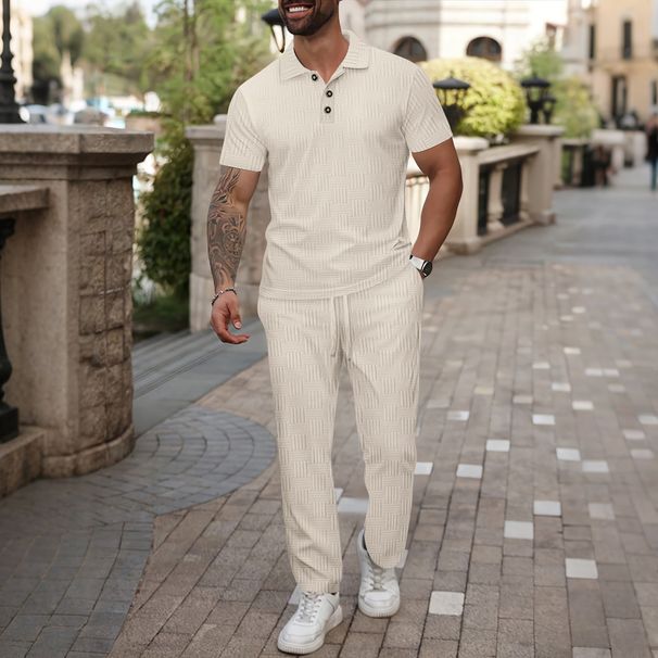 Men's Clothing New Men's Solid Color Jacquard Lapel Button Short Sleeved Polo Shirt Trousers Casual Suit_viptrois.com