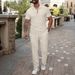 Men's Clothing New Men's Solid Color Jacquard Lapel Button Short Sleeved Polo Shirt Trousers Casual Suit_viptrois.com