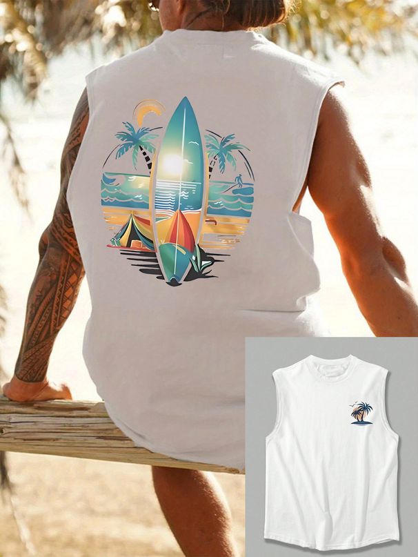 100% Pure Cotton Men's Summer Leisure Sports Fitness Loose Beach And Surfboard Pattern Printed Breathable Round Neck Sleeveless Vest_viptrois.com