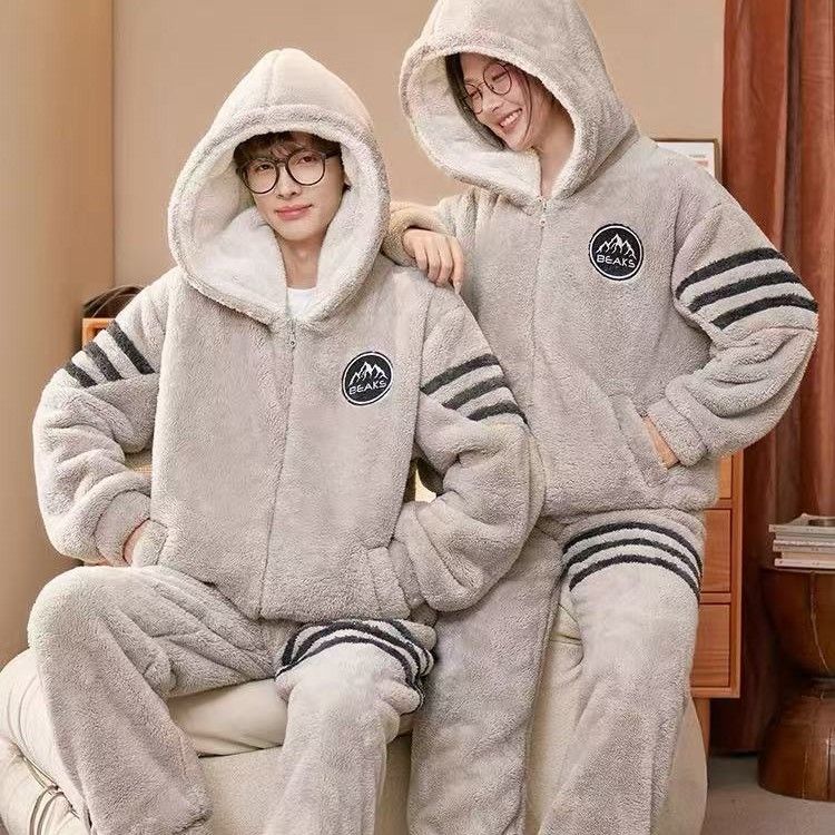 Men's Autumn And Winter Minimalist Coral Thickened Velvet Pajamas, Youth Flannel Warm And Soft Skin Friendly Home Clothes, Loose Casual Set_viptrois.com