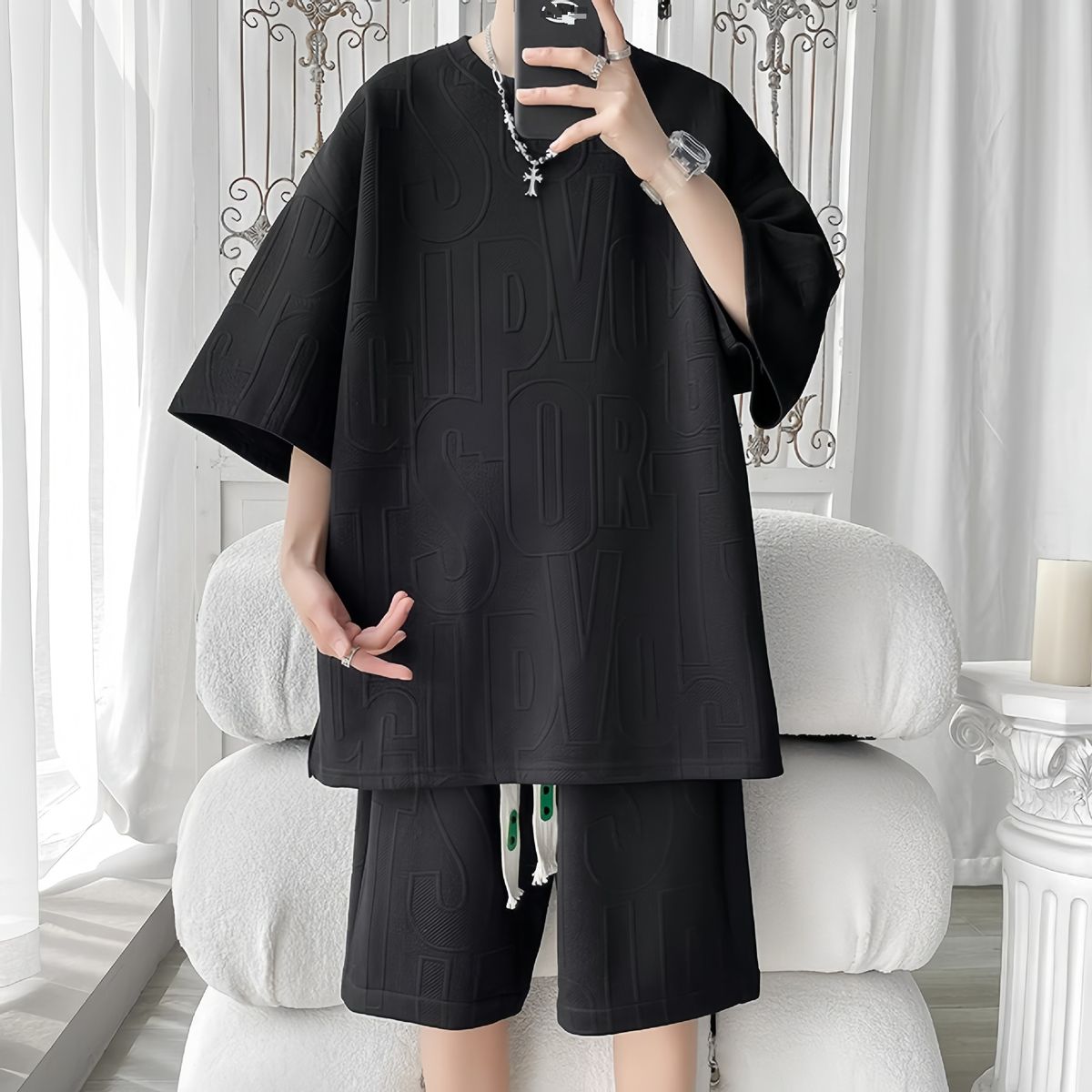 Heavy Waffle Five Point T Shirt Suit Men's Ho Summer Leisure Loose Fashion Five Point Pants Sports Suit_viptrois.com