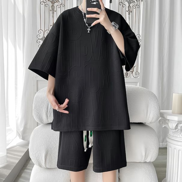Heavy Waffle Five Point T Shirt Suit Men's Ho Summer Leisure Loose Fashion Five Point Pants Sports Suit_viptrois.com