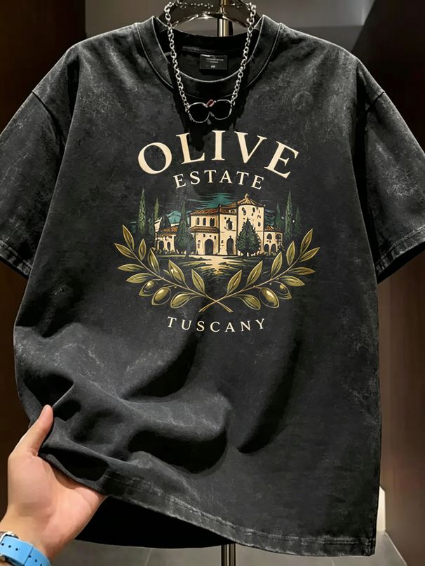 Summer New Washed Short-sleeved T-shirt, Men's Retro Olive Estate Tuscany Print Youth Loose Casual Street Tee_viptrois.com