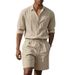 Men's Clothing Men's Summer New Loose Trend Linen Solid Color Simple Long Sleeved Shirt Beach Shorts Suit_viptrois.com