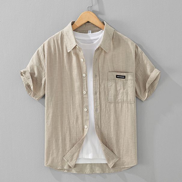 Fresh Summer Men's Solid Color Comfortable Cotton Shirt, Men's Youth Short Sleeved Men's Top, Thin_viptrois.com