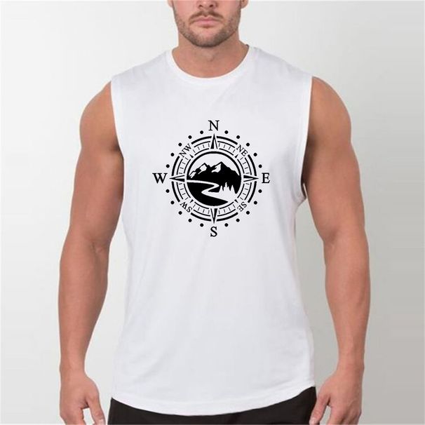 100% Pure Cotton Men's Summer Casual Sports Fitness Loose Mountain And Compass Pattern Printed Breathable Round Neck Sleeveless Vest_viptrois.com