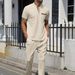 Summer Men's Waffle Knit Pocket T-Shirt & Long Pants Casual Lounge Set - Breathable Cotton Blend, Comfort Fit, S-XXXL (Khaki, White, Gray, Black, Blue_viptrois.com