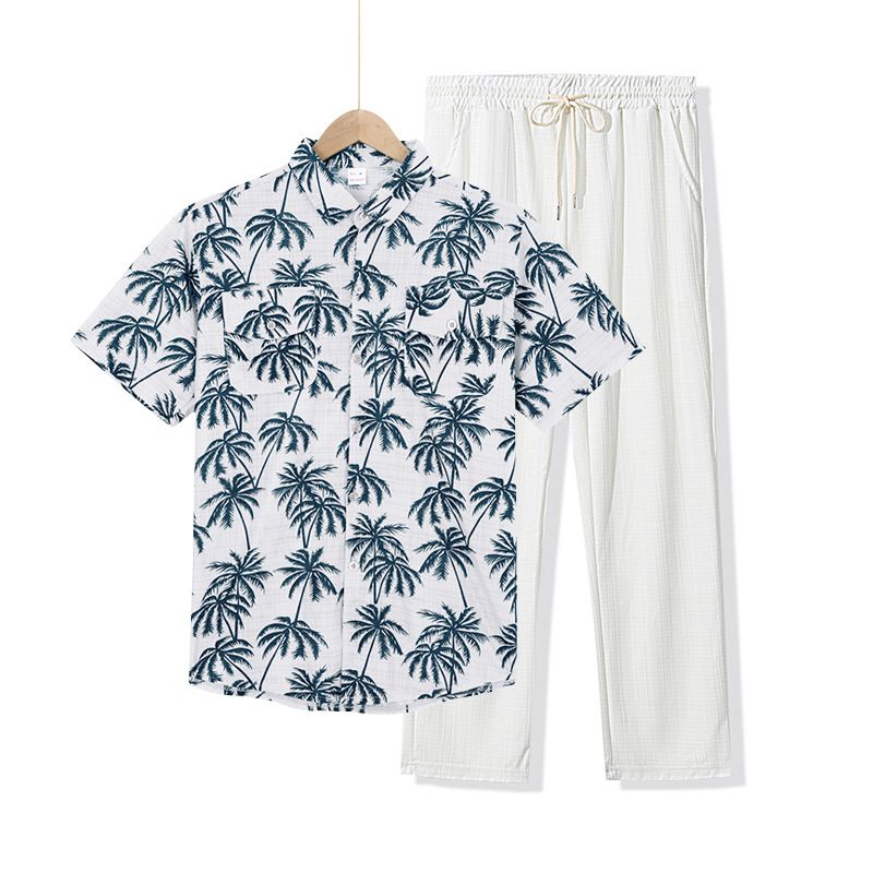 Men's Clothing Hawaiian Shirt And Pants Set Short Sleeve Casual Beach Outfit With Coconut Print Lightweight Polyester Vacation Travel Wear_viptrois.com