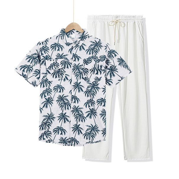 Men's Clothing Hawaiian Shirt And Pants Set Short Sleeve Casual Beach Outfit With Coconut Print Lightweight Polyester Vacation Travel Wear_viptrois.com