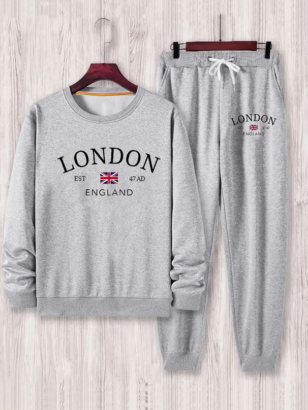 Men's Autumn And Winter Casual Warm LONDON Pattern Printed Loose Thick Velvet Round Neck Sports Shirt+sports Pants Set_viptrois.com
