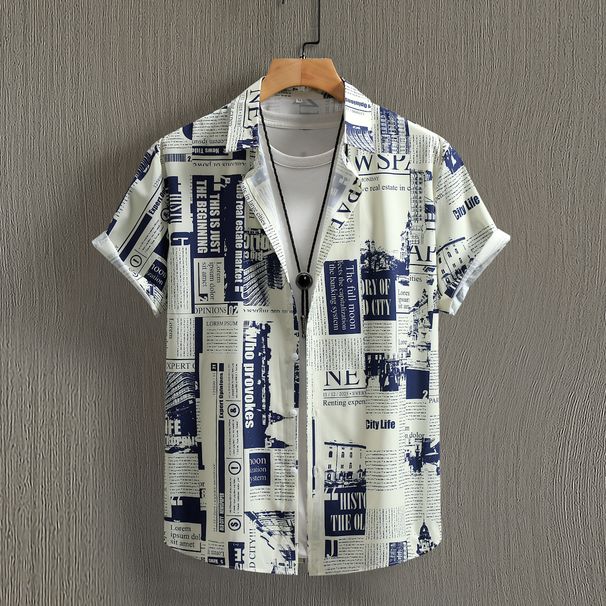 Men's Retro Burgundy Newspaper Print Short Sleeved Shirt Street Style Summer New Exclusive_viptrois.com