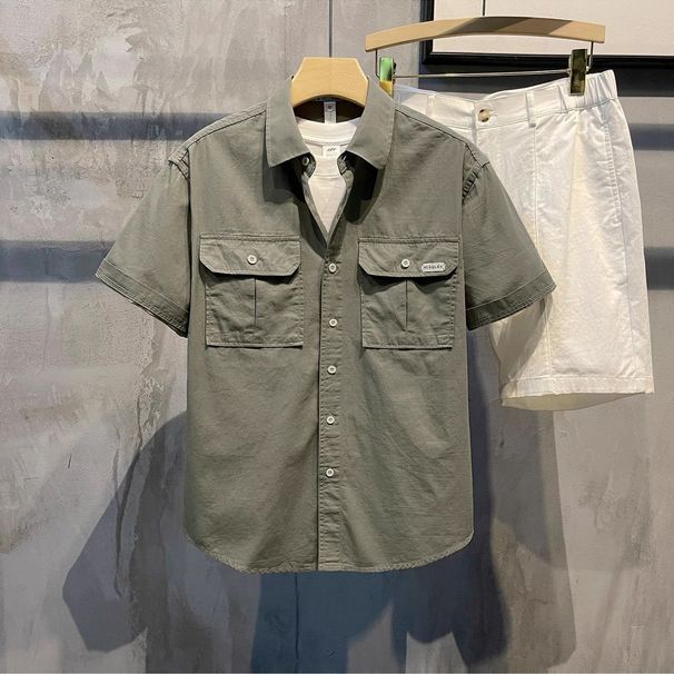 Men's Clothing Trendy Double Pocket Workwear Short Sleeved Shirt Men's Summer Casual Loose Handsome Lapel Half Sleeved Men's Tops_viptrois.com