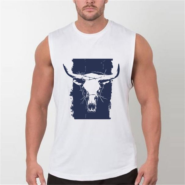 100% Pure Cotton Men's Summer Casual Sports Fitness Loose Wild West Cow Head Pattern Printed Breathable Round Neck Sleeveless Vest_viptrois.com