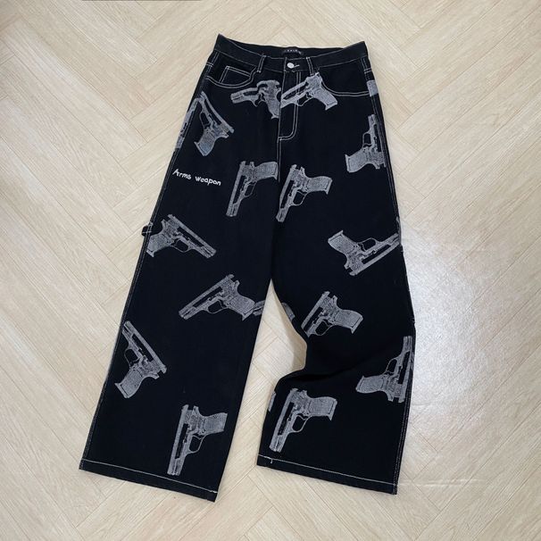 American Arms Weapons pistol print straight through new hip-hop washed denim pants, men's high-quality pants_viptrois.com