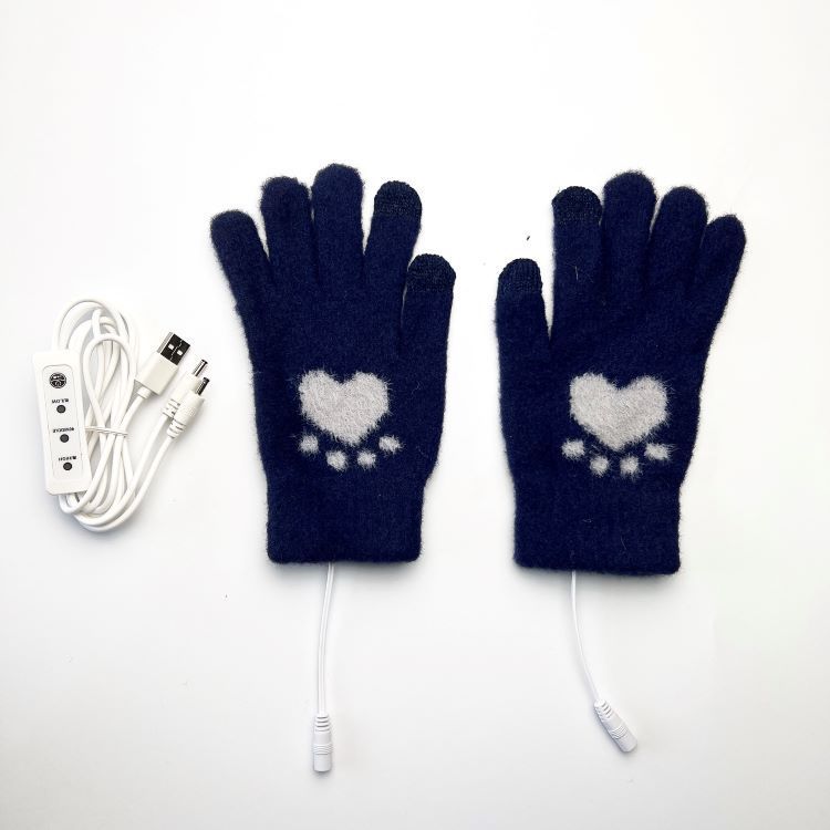 Heating Gloves 5-finger electric touch screen gloves Adult student jacquard bear paw pattern available in USB3 gear_viptrois.com