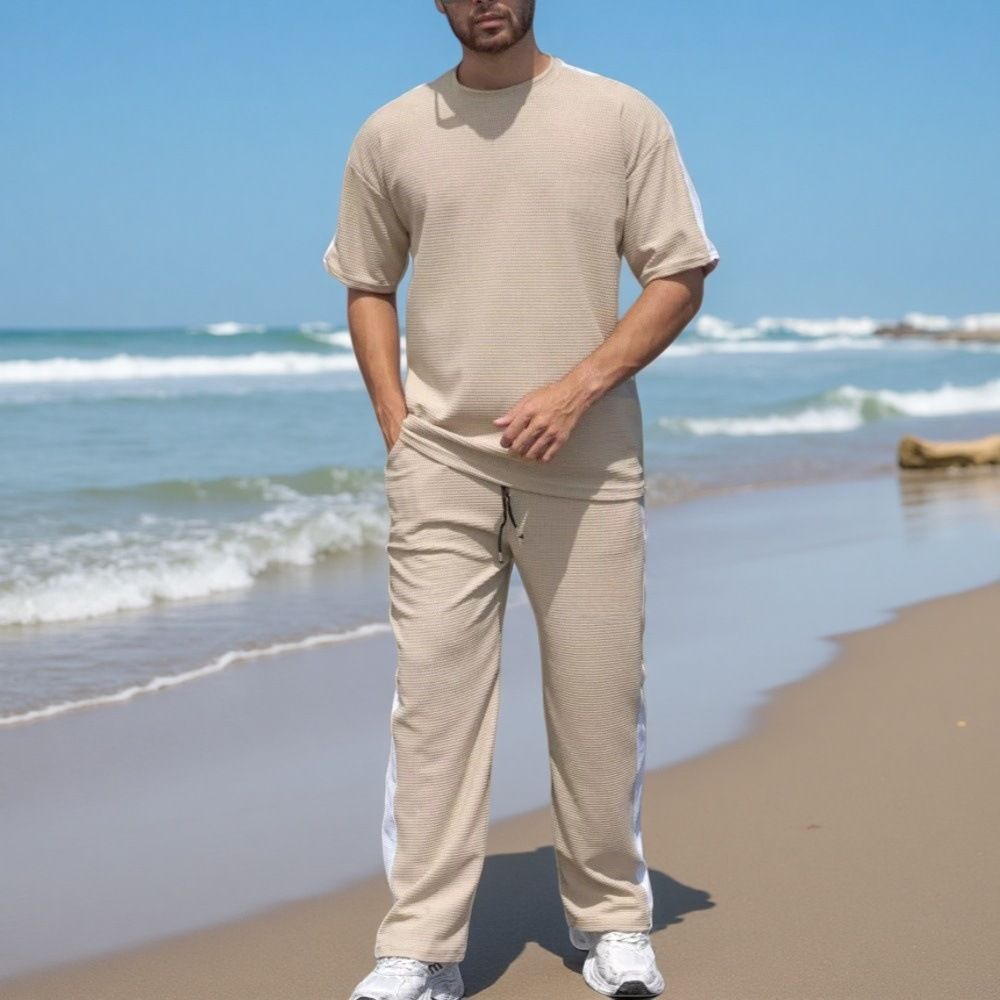 Men's Summer Waffle Knit Short Sleeve Set – Breathable & Casual (T-Shirt & Shorts, S-XXXL)_viptrois.com