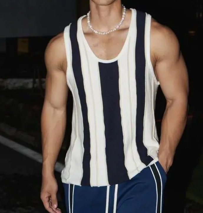 Summer New American Ribbed Vertical Striped Knit Casual Vest For Men High-end Fashion Lazy Style_viptrois.com