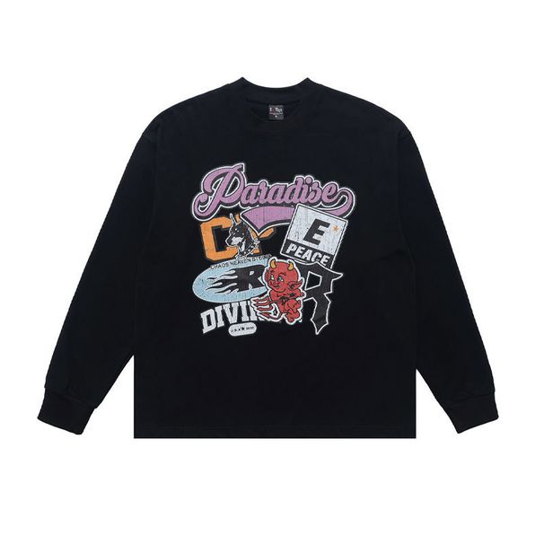 American-style 320g Distressed Letter Print Long-sleeve T-shirt For Men Women, Round Neck, Pure Cotton, Spring_viptrois.com