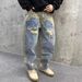 Men's Clothing Casual Handsome Heavy Retro Ripped Patch Jeans Straight Loose Beggar Wide Leg Pants_viptrois.com
