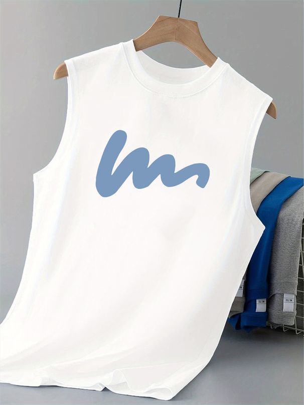100% Pure Cotton Men's Summer Casual Sports Fitness Loose And Simple Pattern Printed Breathable Round Neck Sleeveless Vest_viptrois.com