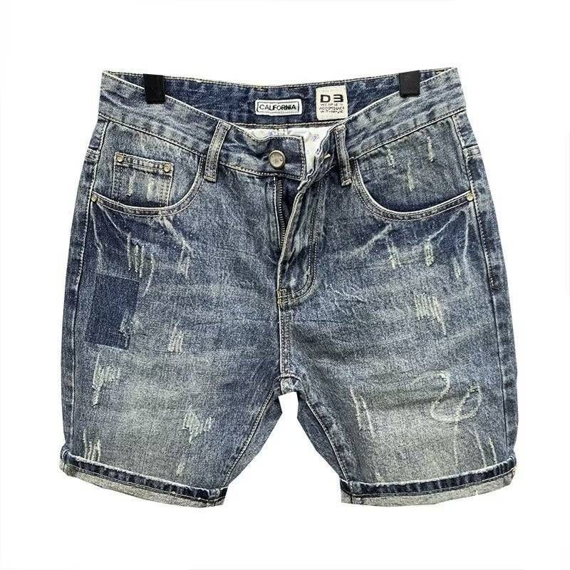 Men's Clothing Summer Denim Shorts Trendy Simple Cat Whisker Shorts Social Guy Five Point Retro British Slim Fit_viptrois.com
