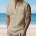 Cross-border Independent Station New American Linen Men's T-shirt Casual Fit Stand-up Collar Commuter Tooling Short-sleeved Henry Shirt_viptrois.com