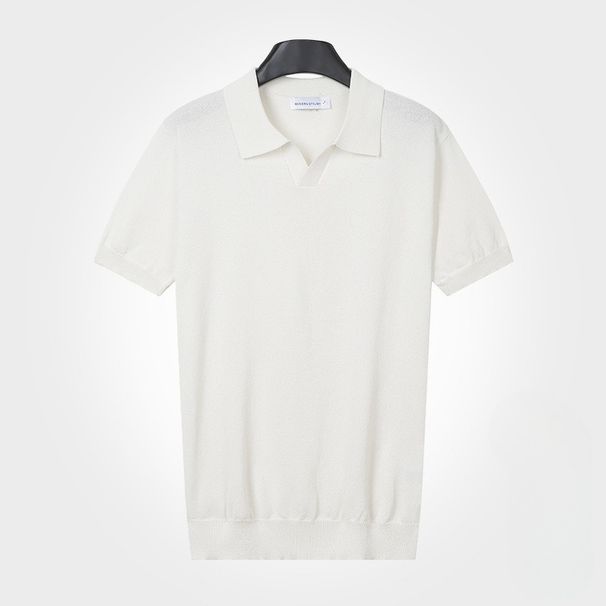 K Knitted Collar Short Sleeved Plaid Breathable Lightweight Men's T-shirt Temperament Versatile Top Solid Color_viptrois.com