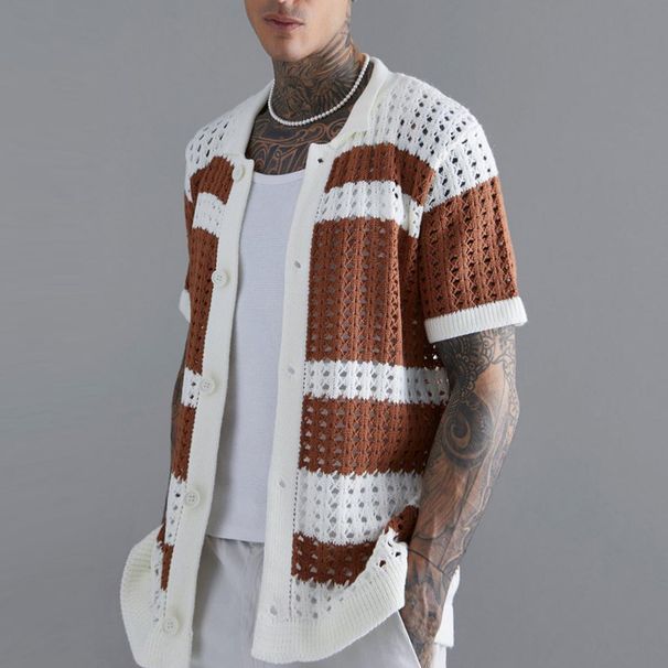 Men's Clothing Summer New Spot Men's Hollow Woolen Shirt Boys Casual Slim Top Fashion Knitted Short Sleeved Shirt_viptrois.com
