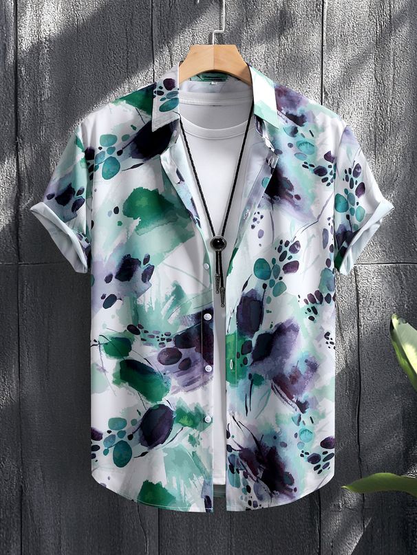Men's Short Sleeve Shirt With Tie-Dye Lotus Print - Casual Button Up Shirt, Breathable Polyester, Slim Fit_viptrois.com