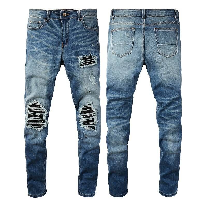 Men's Clothing Washed Cat Whisker Wrinkled Hole Patchwork Leather Elastic Slim Fit Skinny Jeans_viptrois.com