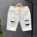 Patch Ripped Denim Trendy Brand Loose Straight Five Quarter Pants Men's Summer Thin White Casual Shorts_viptrois.com