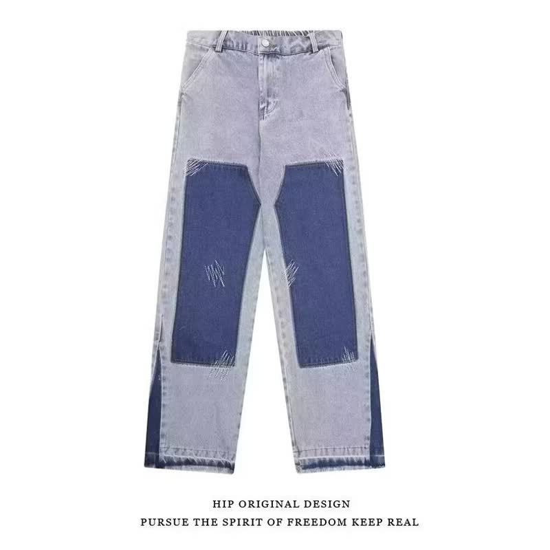 2025 New Style High Waisted Color Blocked Casual Wide Leg Denim Pants For Men Versatile, Loose Fit, Slimming, Floor Length Pants_viptrois.com