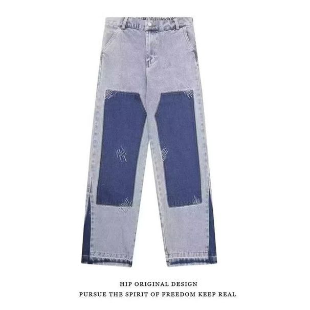 2025 New Style High Waisted Color Blocked Casual Wide Leg Denim Pants For Men Versatile, Loose Fit, Slimming, Floor Length Pants_viptrois.com