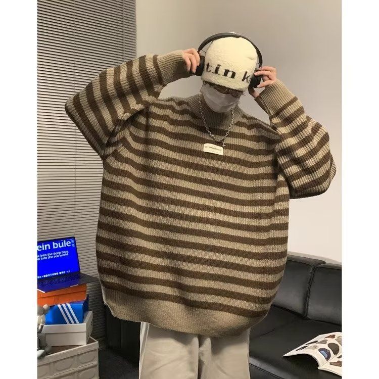 New retro striped sweater for men in autumn and winter, loose and lazy style, versatile and simple base knit sweater jacket_viptrois.com