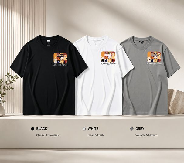 3 Pack Premium Men's Grid Cartoon Puppy Bloness Kthrew Cursive Print T-Shirt, Heavy Cotton Crew Neck Casual Tee, Luxury Summer Basic Black White Grey_viptrois.com