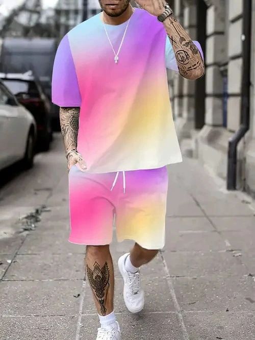 Men's Clothing Summer Fashion Classic Short Sleeved Shorts Men's Seaside Gradient Coconut Tree Print T Shirt Suit_viptrois.com