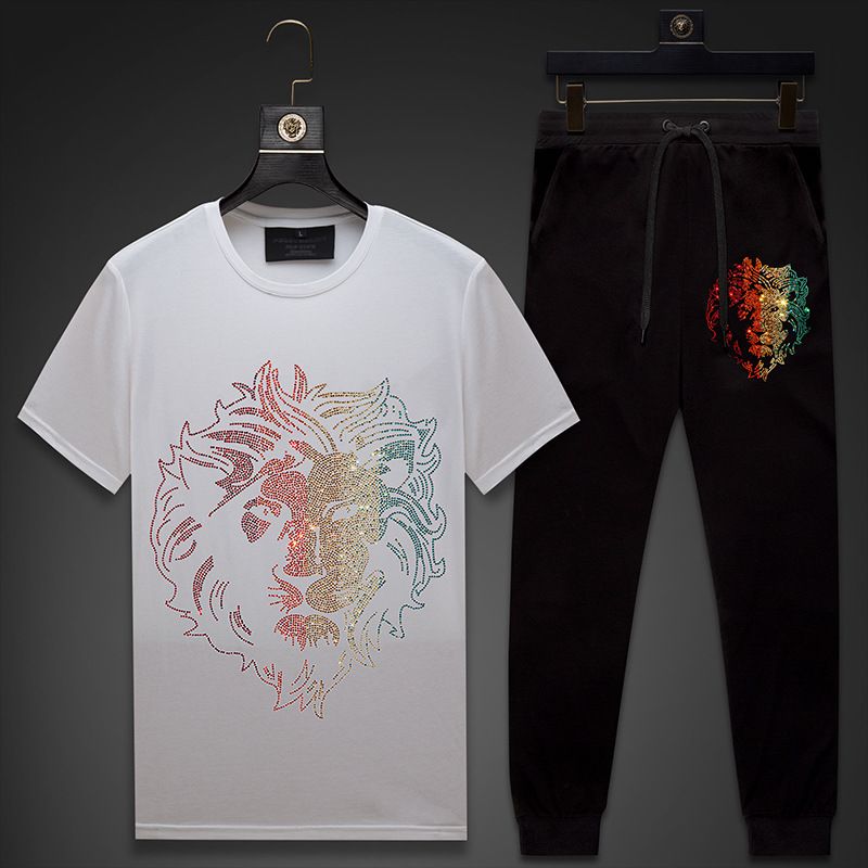 Men's Clothing New Men's Suit Hot Diamond Lion Head Trendy Brand Casual Summer Short Sleeved T Shirt Men's Half Sleeved_viptrois.com