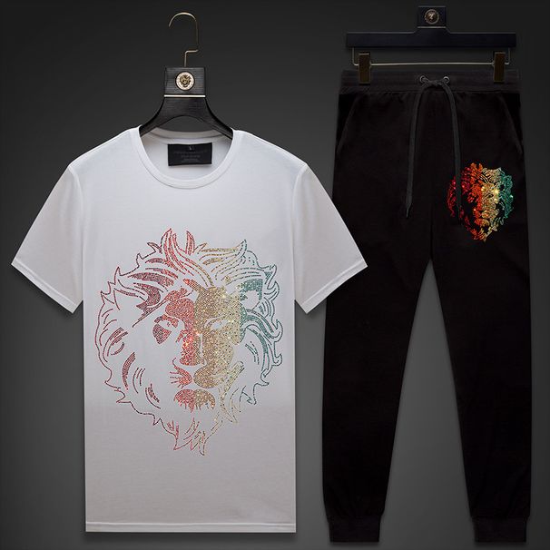 Men's Clothing New Men's Suit Hot Diamond Lion Head Trendy Brand Casual Summer Short Sleeved T Shirt Men's Half Sleeved_viptrois.com