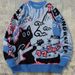 Cartoon Cat Jacquard Sweater – Oversized Unisex Knit Pullover (Blue/Grey/Brown, XS-XXL)_viptrois.com