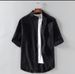 Summer Men's Linen Shirt Stand Up Collar Five Quarter Sleeve Trendy Cotton-Linen Blend Loose Fit Casual Wearable As Outerwear_viptrois.com