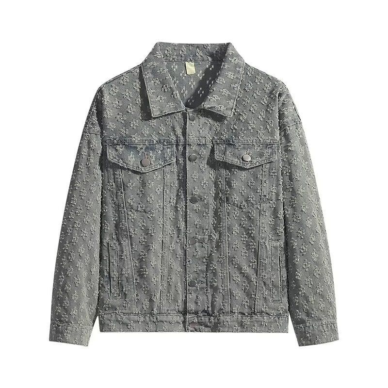 American Denim Suit For Men Versatile Spring Autumn Jacket Jacquard Casual Trend Lapel Shirt Wide Leg Pants_viptrois.com
