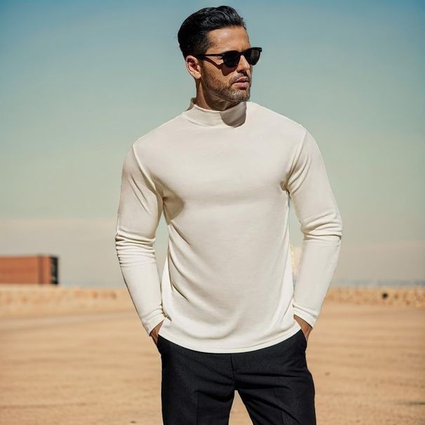 Men's Clothing Men's Thermal Long Sleeve T-Shirt - High Stretch Polyester, Slim Fit Mock Neck Base Layer For Winter, Black/Brown/White_viptrois.com